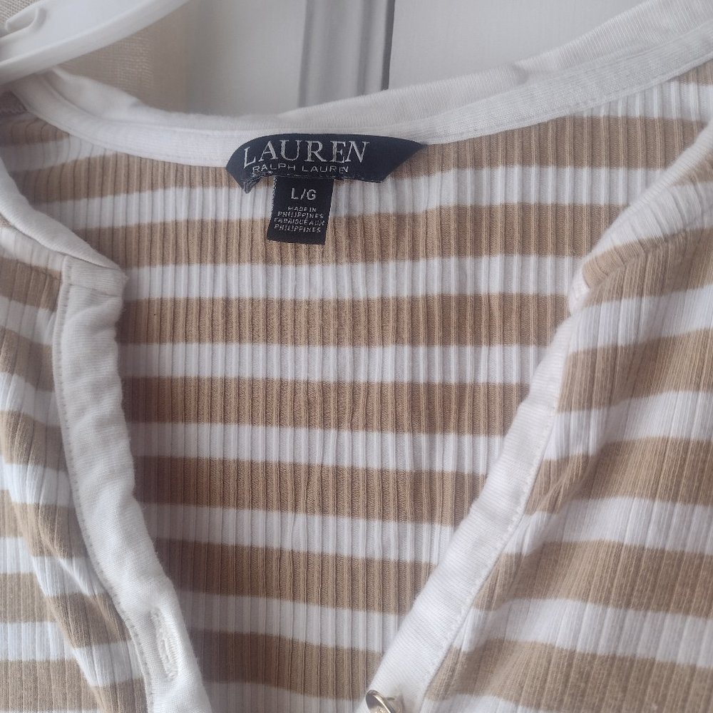 Lauren Ralph Lauren White and Beige Striped Short Sleeve Ribbed Tee